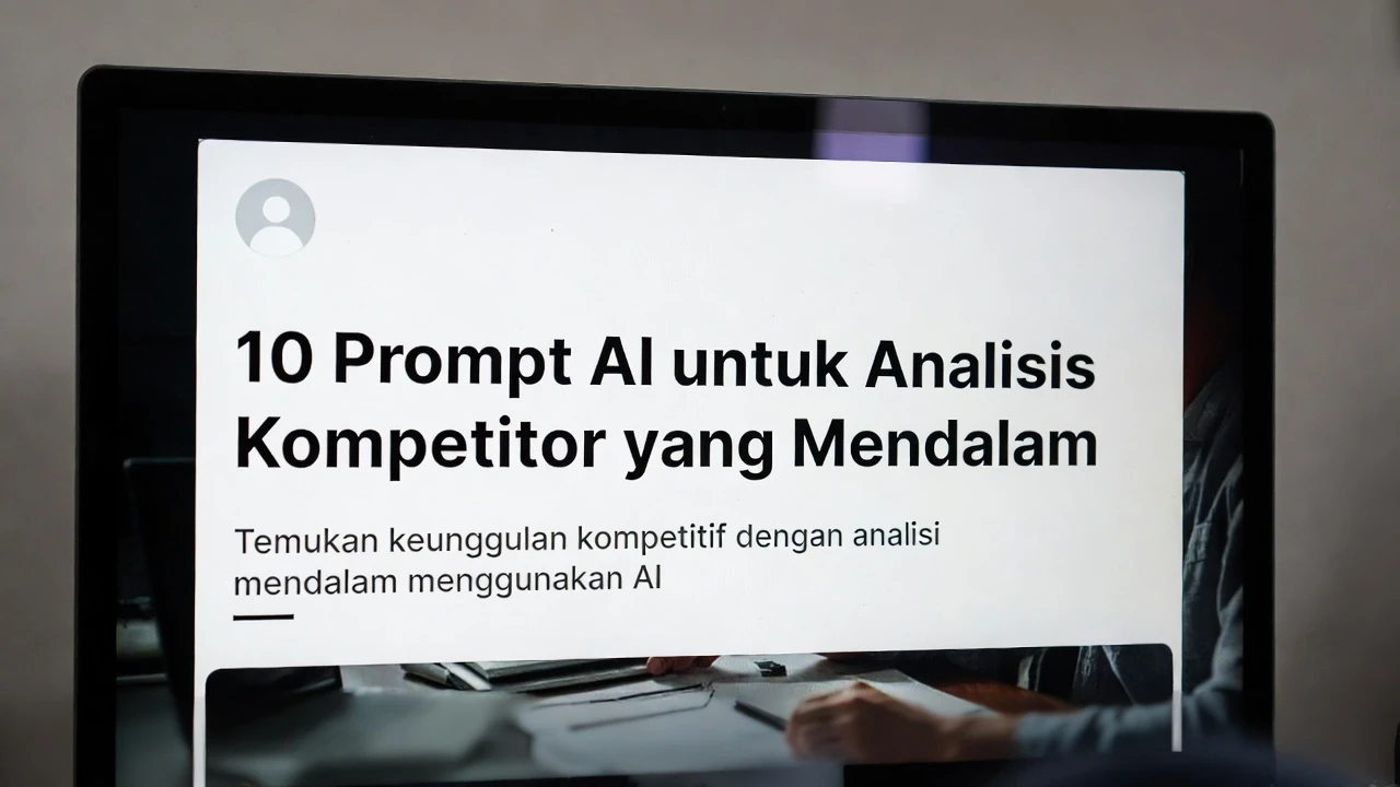 Ilustrasi prompt AI untuk analisis kompetitor dengan dashboard competitive intelligence dan data visualization yang terstruktur