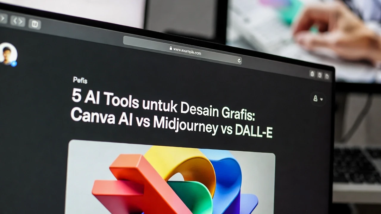 Ilustrasi perbandingan 5 AI tools desain grafis dengan output quality fotorealisme kemudahan akses dan harga pricing terbaik