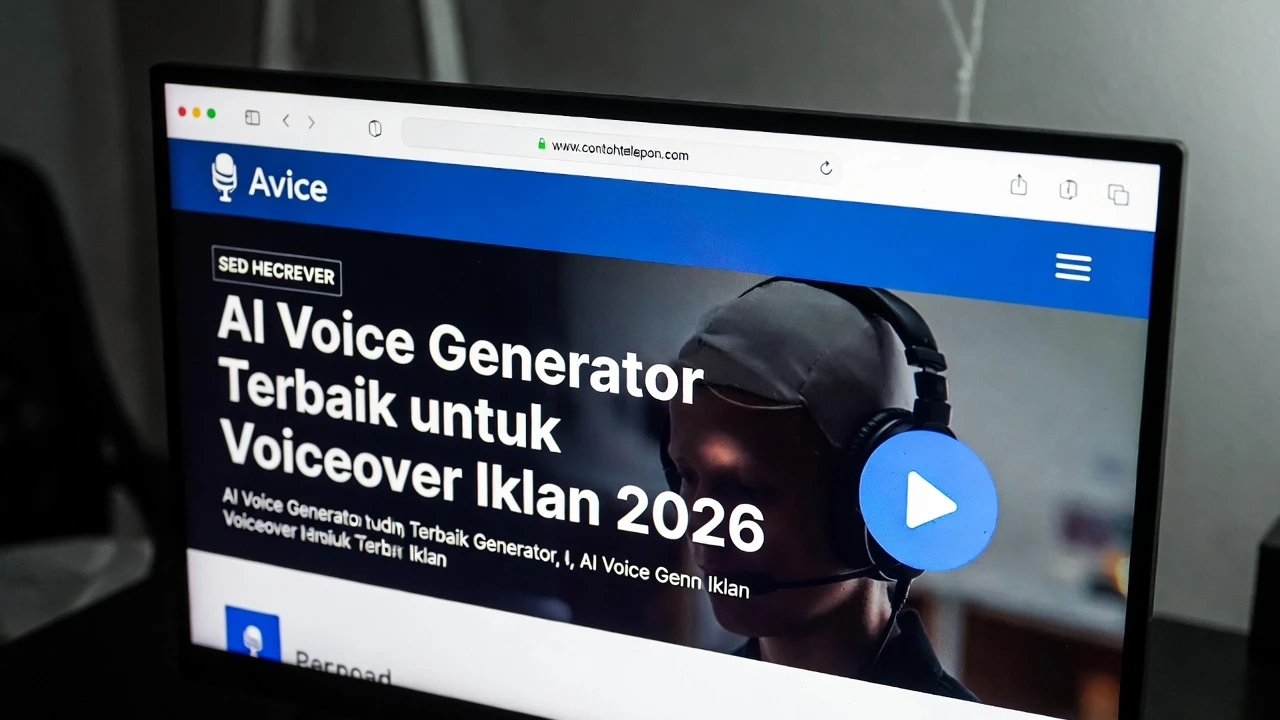 Ilustrasi perbandingan 5 AI voice generator terbaik untuk voiceover iklan dengan sample suara kualitas naturalisme dan fitur unggulan masing-masing