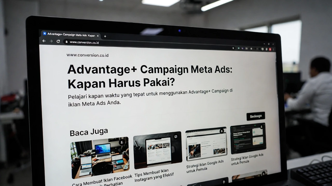 Ilustrasi dashboard Meta Ads dengan AI optimization dan Performance Max Campaign settings
