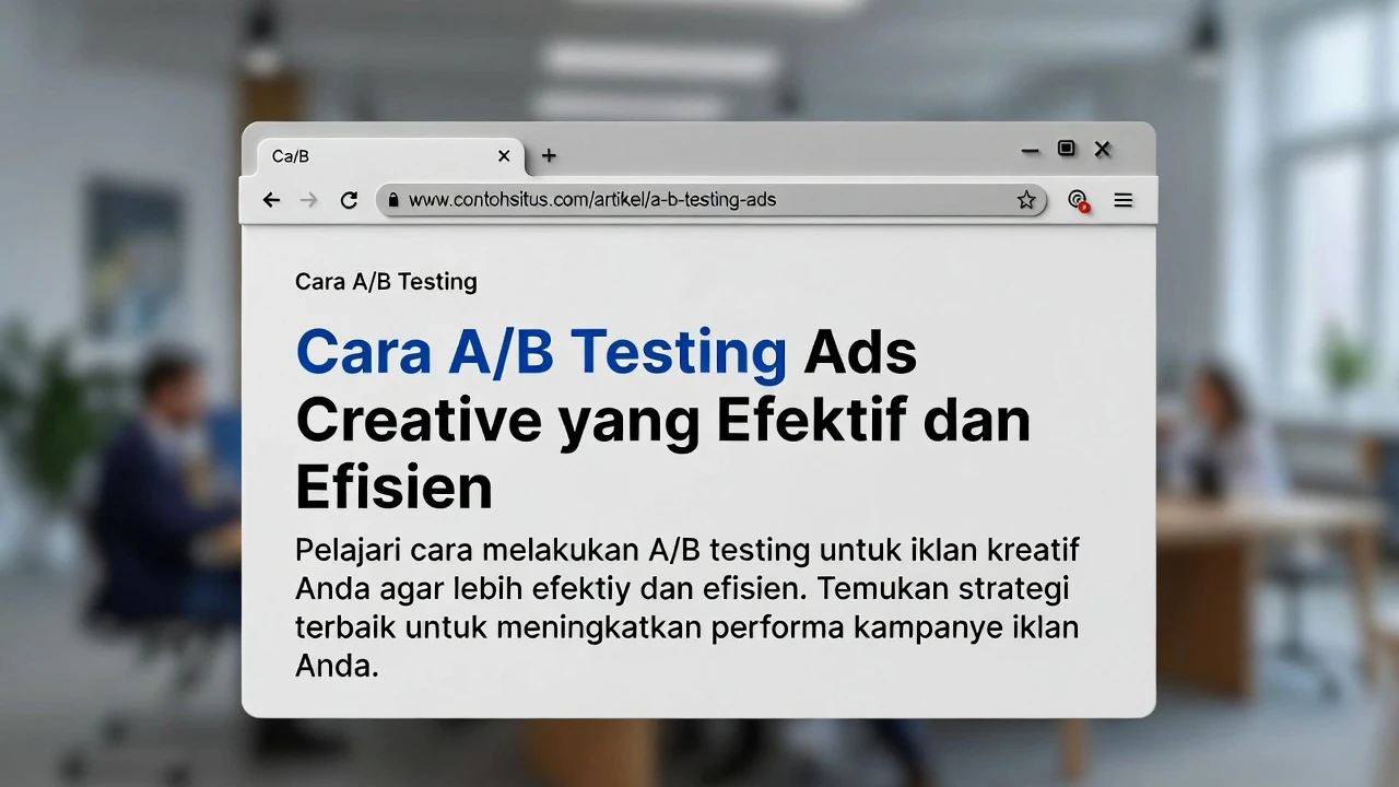 Ilustrasi framework A/B testing creative ads Meta Ads dengan hipotesis, isolasi variabel, durasi testing, dan hasil analysis dashboard