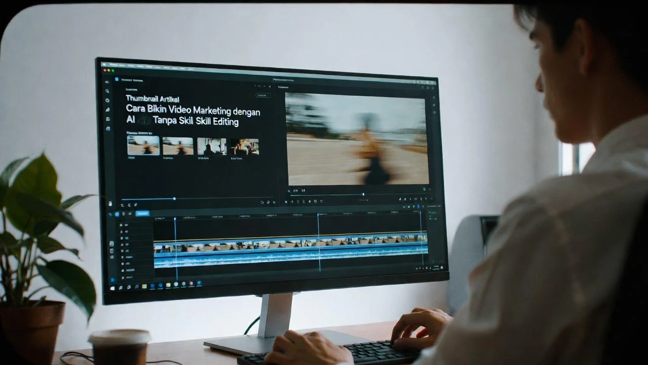 Ilustrasi workflow pembuatan video marketing dengan AI dari script hingga publish di TikTok Instagram dan YouTube Shorts