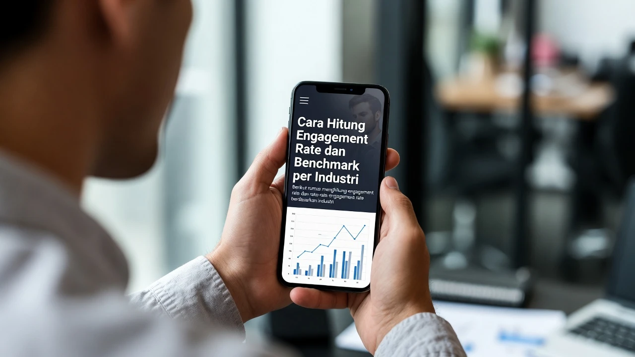 Ilustrasi rumus engagement rate dengan tabel benchmark per industri dan platform social media (Instagram, TikTok, LinkedIn, Facebook)