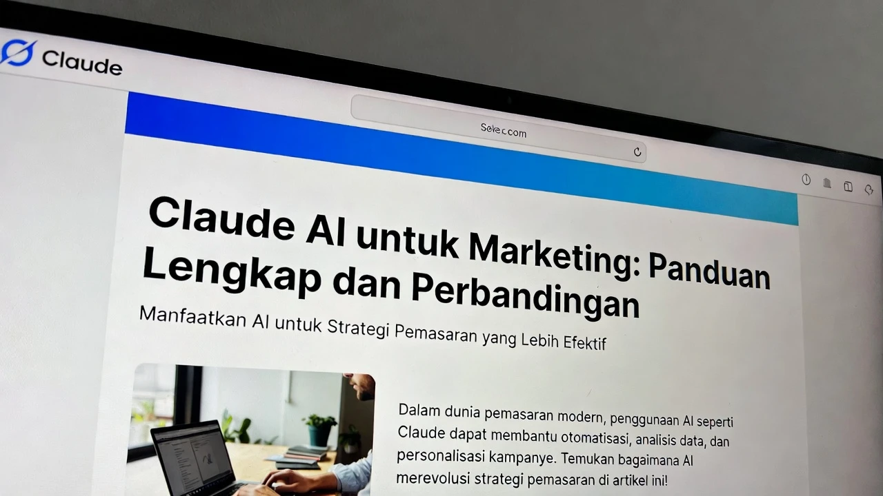 Ilustrasi interface Claude AI dengan prompt marketing, content generation, dan analytics dashboard untuk strategi pemasaran digital