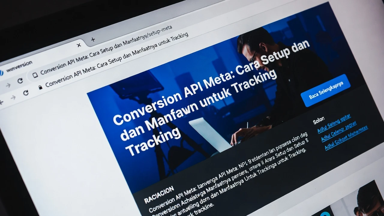 Ilustrasi workflow Conversion API Meta server-side tracking dengan flow data dari website ke Meta server dan dashboard monitoring Events Manager