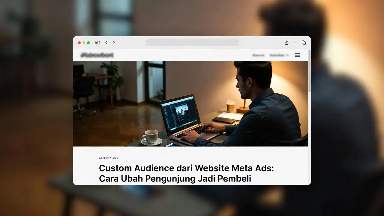 Diagram funnel custom audience menunjukkan perjalanan dari website visitor menjadi customer, dengan pixel tracking dan segmentasi audience di setiap tahap