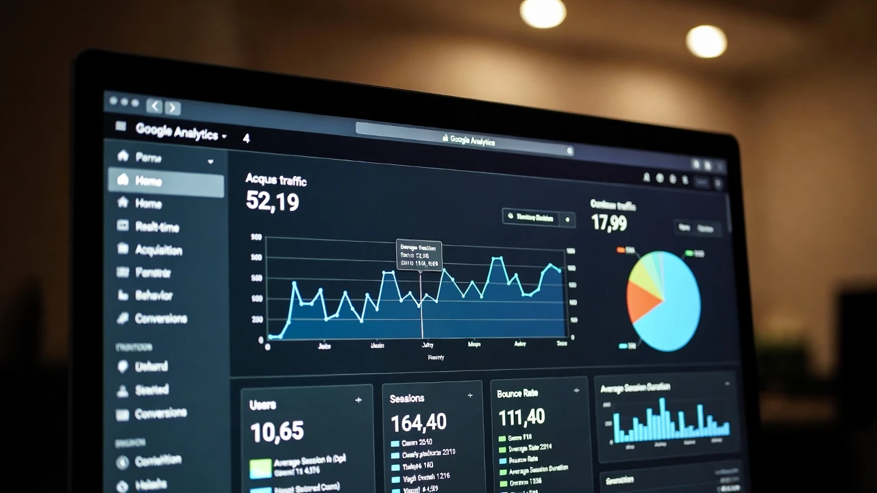 Ilustrasi setup Google Analytics 4 dengan tahapan akun properti Google Tag Manager Enhanced Measurement dan dashboard laporan GA4