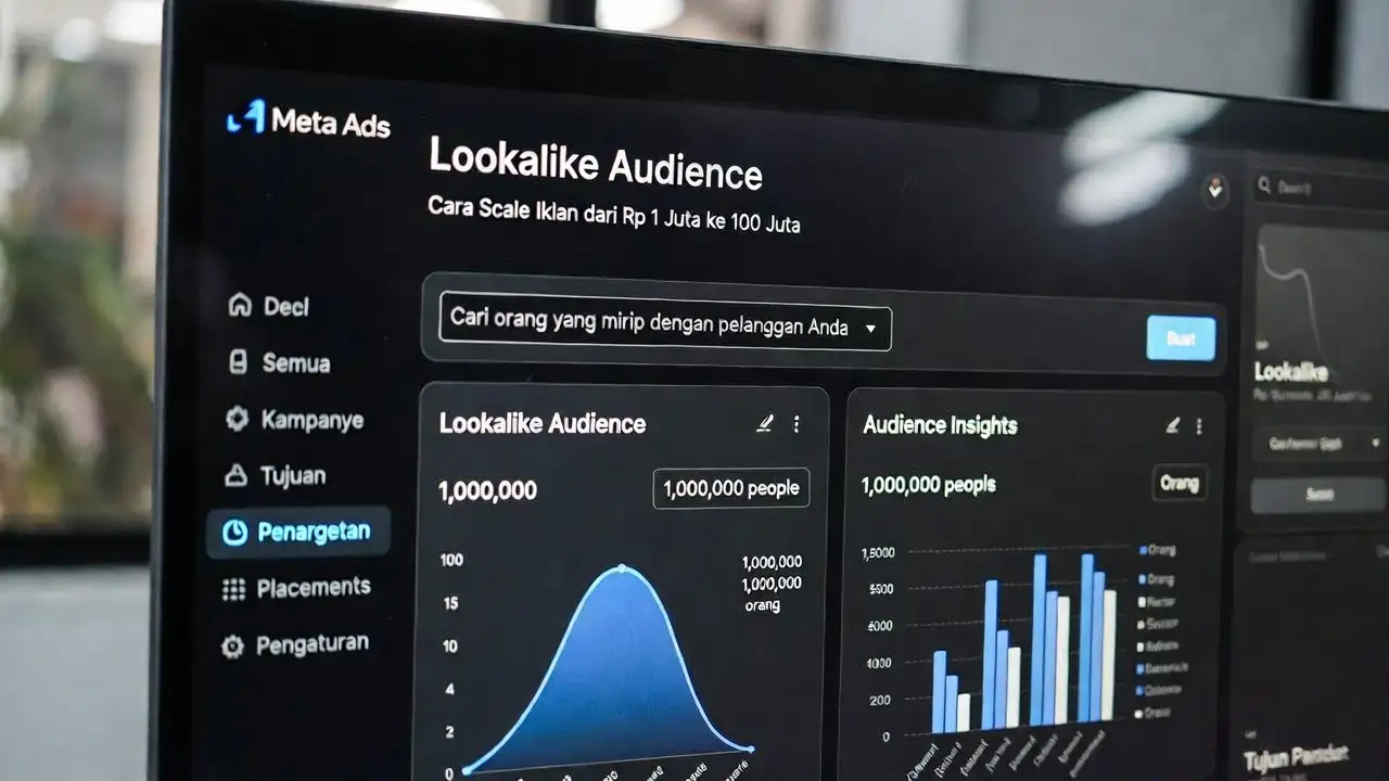 Grafik scaling strategy lookalike audience menunjukkan progression dari 1% lookalike dengan budget kecil hingga 10% lookalike dengan budget besar, dengan arrow menunjukkan growth trajectory dan ROAS di setiap tahap