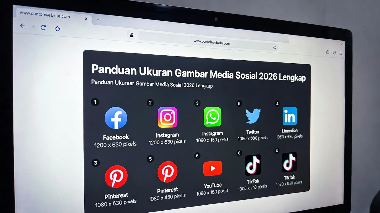 Ilustrasi panduan ukuran gambar media sosial untuk Instagram Facebook TikTok LinkedIn dengan dimensi pixel dan rasio aspek setiap platform