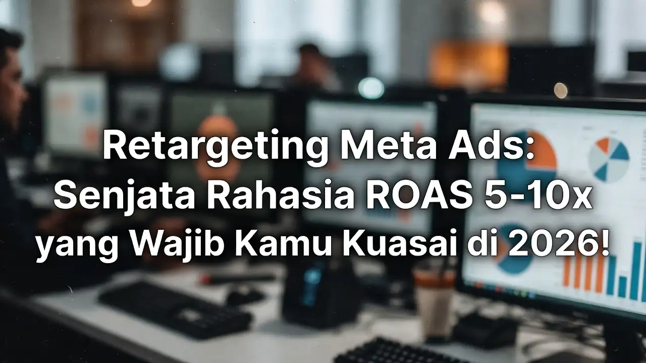 Grafik perbandingan ROAS antara cold audience dan retargeting custom audience dengan data bars yang menunjukkan perbedaan 5-10x lipat, dilengkapi benchmark per industri