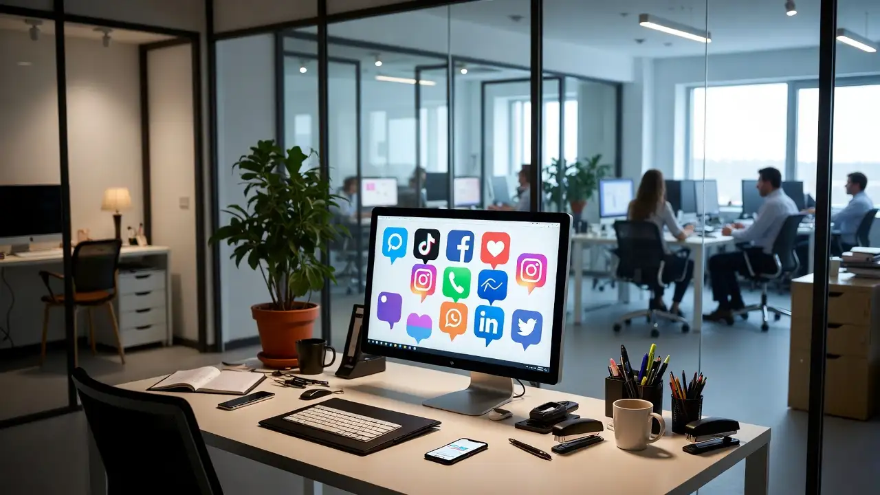 Infografis layanan social media agency yang mencakup content strategy, graphic design, posting, analytics, dan community management dengan icon dan badge