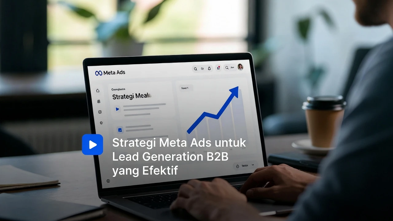Ilustrasi B2B sales funnel dengan Meta Ads targeting decision maker, lead magnet, dan nurturing workflow terintegrasi CRM
