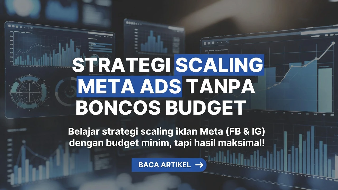 Ilustrasi grafik scaling budget Meta Ads bertahap dengan timeline, campaign structure CBO vs ABO, dan performance metrics monitoring