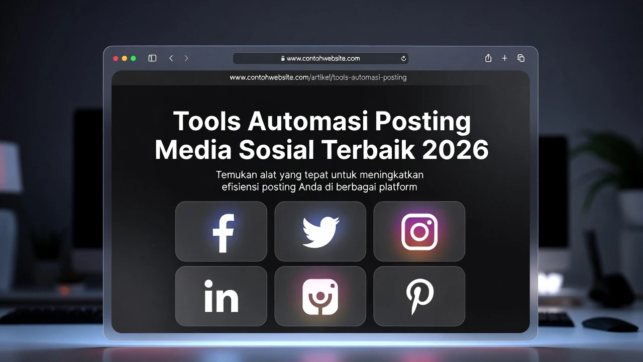 Ilustrasi dashboard tools automasi media sosial dengan fitur scheduling, analytics, dan multi-platform management terintegrasi