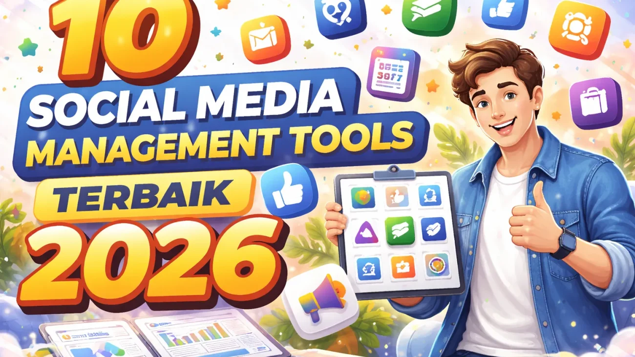 Ilustrasi 10 social media management tools terbaik 2026 dengan logo tools fitur unggulan dan tabel perbandingan harga cocok untuk