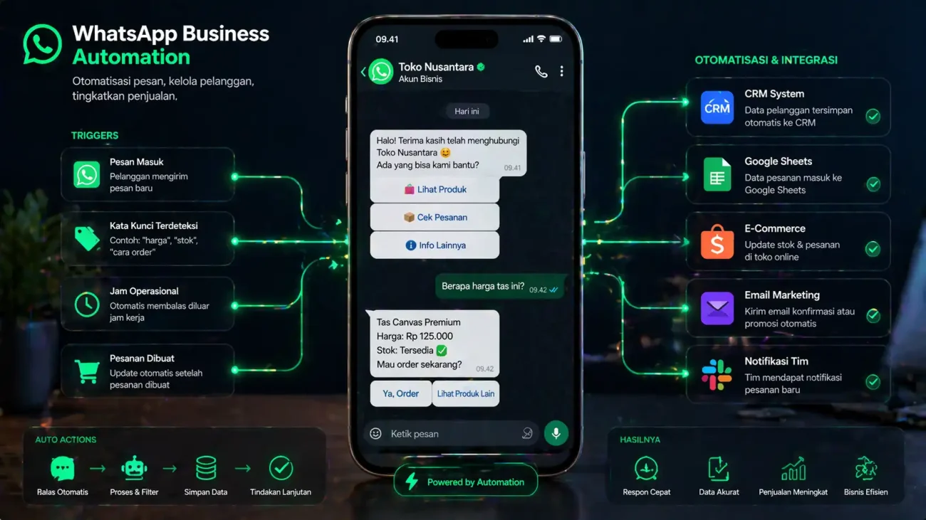 Smartphone menampilkan antarmuka WhatsApp Business dengan visualisasi alur otomatisasi n8n yang terhubung ke berbagai aplikasi bisnis
