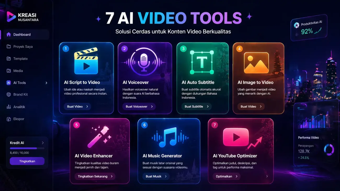 Tujuh ikon aplikasi AI video terbaik 2026 tersusun rapi dengan tampilan dashboard marketing modern