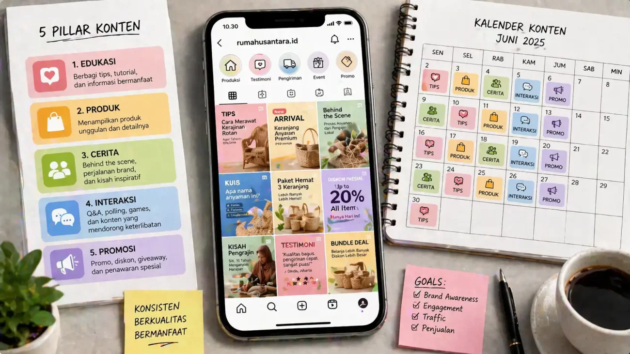 Mockup feed Instagram di smartphone dengan grid yang kohesif menampilkan lima kategori content pillar berbeda, dikelilingi catatan perencanaan konten