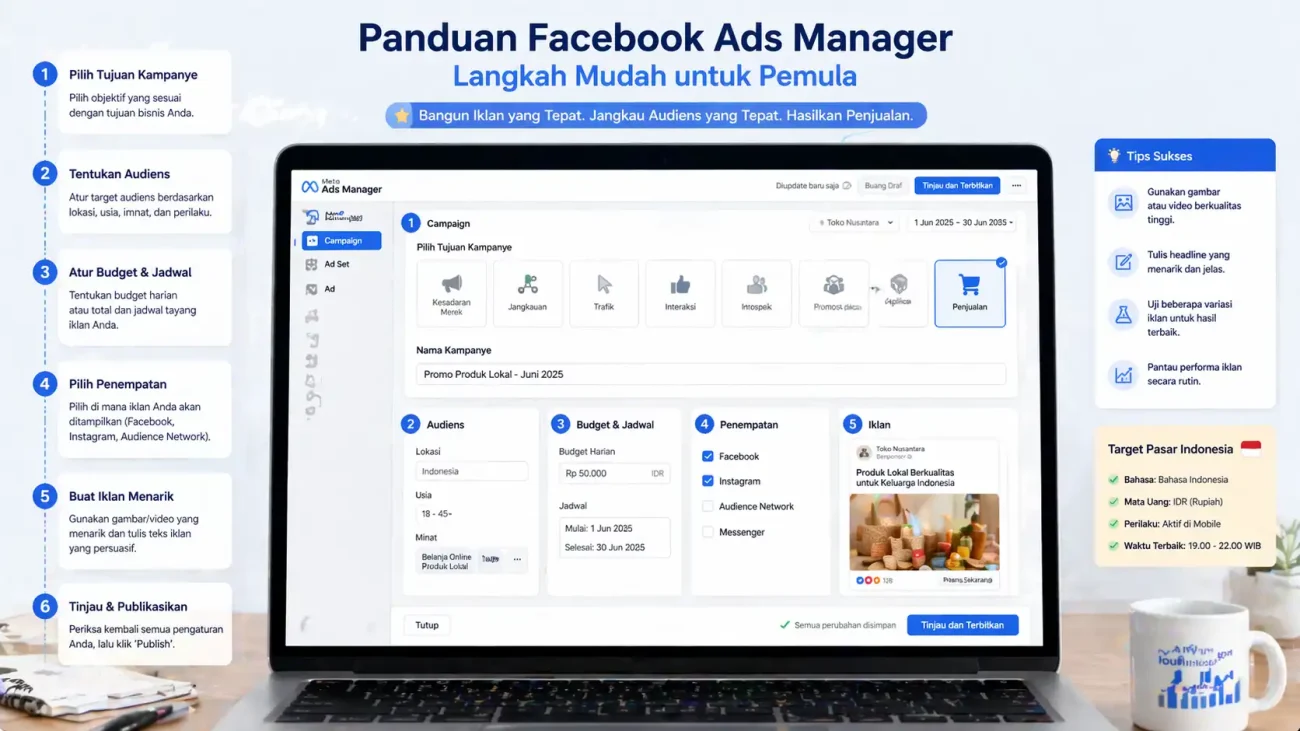 Tampilan antarmuka Facebook Ads Manager di layar laptop dengan panduan langkah demi langkah yang jelas untuk pemula