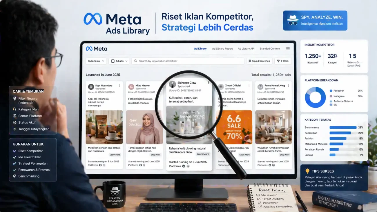 Tampilan Meta Ads Library di layar komputer dengan berbagai thumbnail iklan kompetitor dan elemen analisis riset strategis