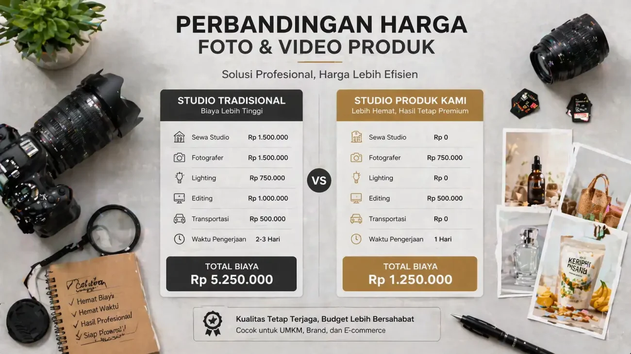 Infografis perbandingan harga jasa foto produk 2026 dengan ikon peralatan fotografi dan label harga dalam rupiah