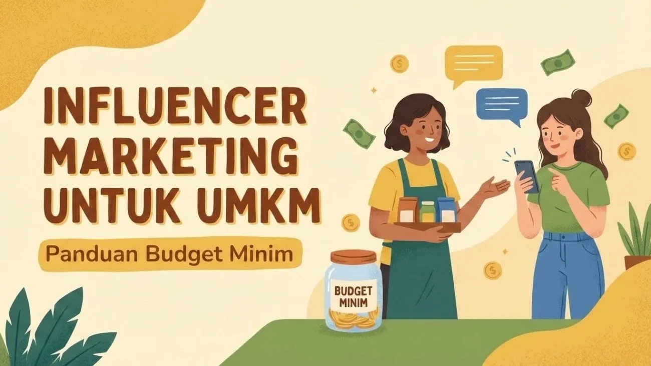 Ilustrasi influencer marketing untuk UMKM dengan visual micro influencer profile, budget allocation chart, dan ROI comparison dalam desain modern berwarna oranye dan ungu