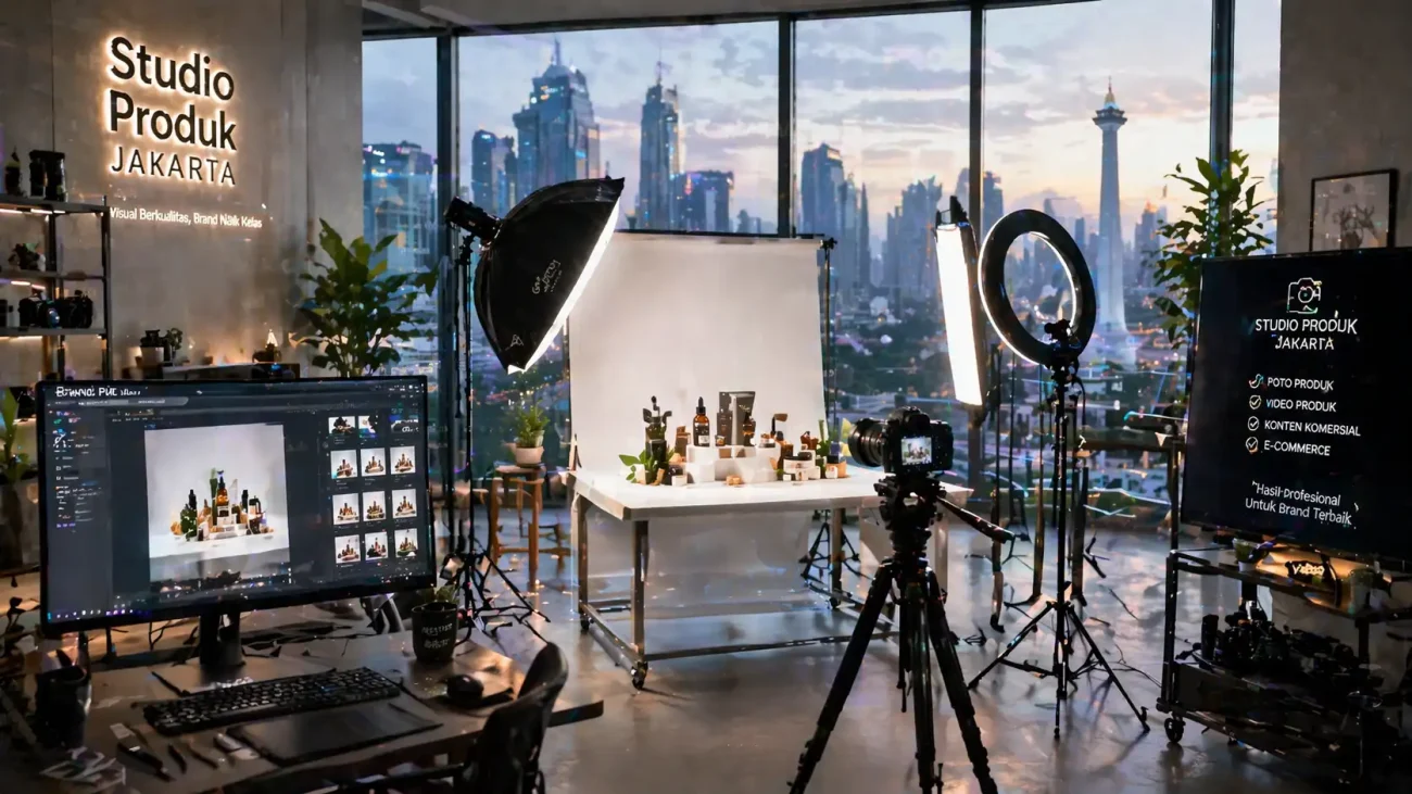 Interior studio foto produk modern di Jakarta dengan peralatan kamera profesional dan pemandangan kota di latar belakang