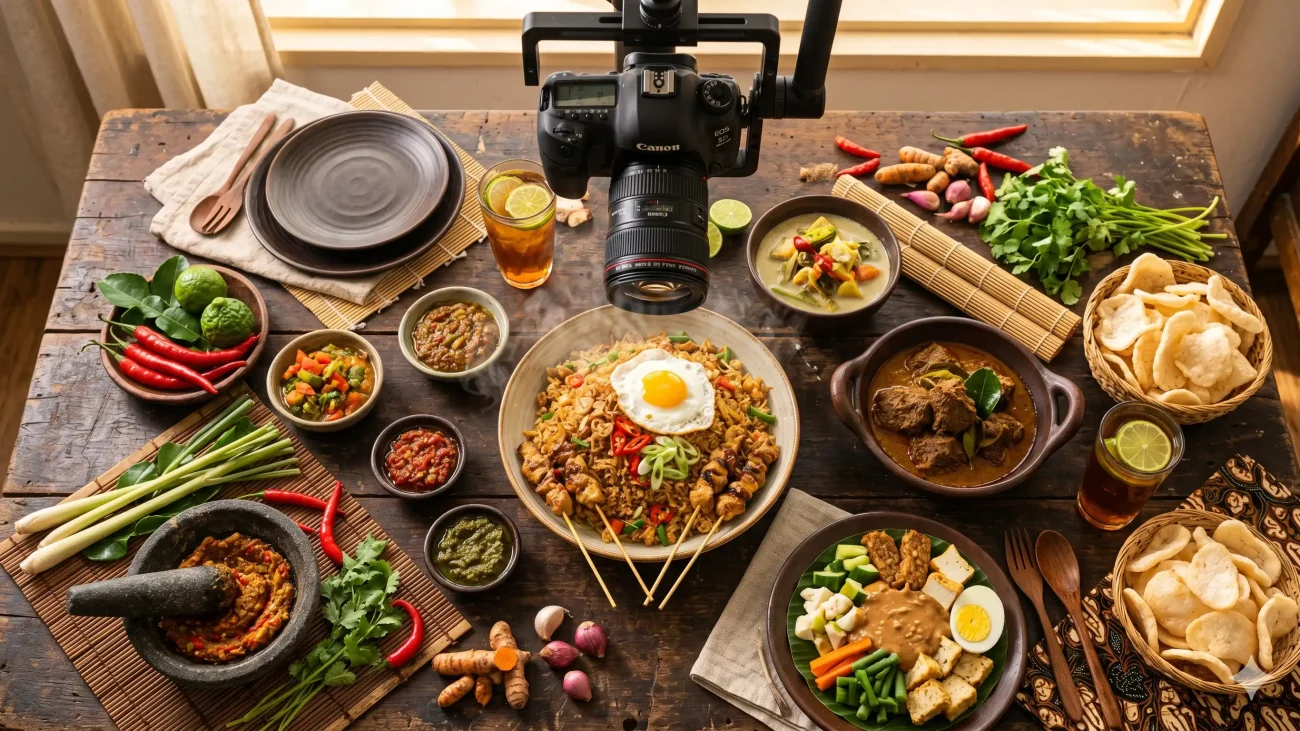Setup foto produk makanan Indonesia dengan styling profesional dari atas, pencahayaan hangat, dan penataan garnish yang menggugah selera