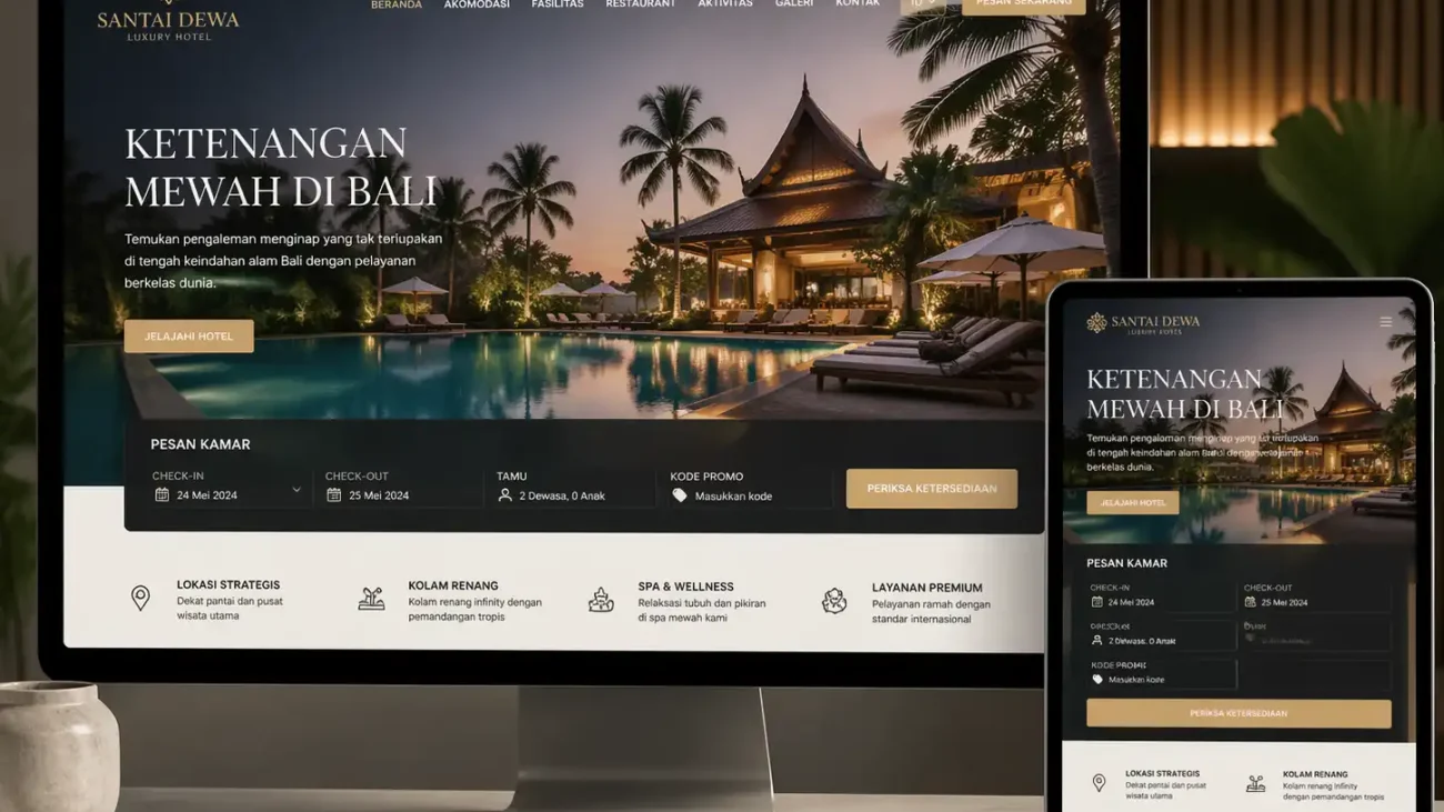 Tampilan website hotel profesional di monitor dan tablet dengan halaman utama mewah, fitur booking online, dan estetika hotel tropis Indonesia