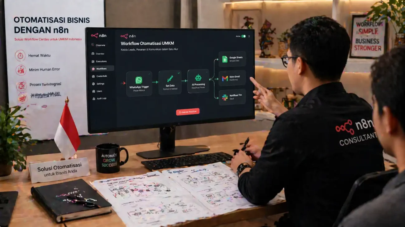 Konsultan profesional sedang mengatur workflow n8n di monitor besar dalam suasana kantor modern yang rapi