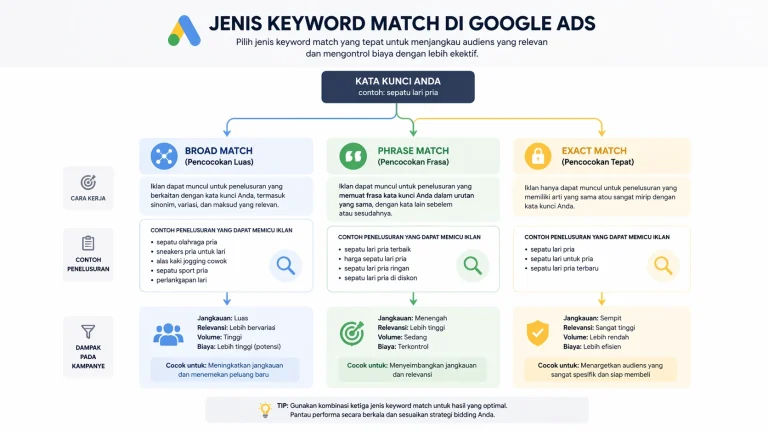 Diagram alir tipe pencocokan kata kunci Google Ads: Broad, Phrase, Exact.