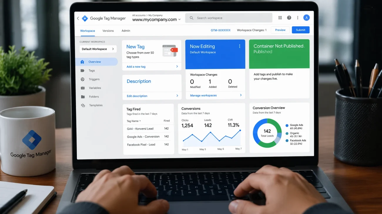 Tampilan Google Tag Manager dengan tag pelacakan konversi di laptop.