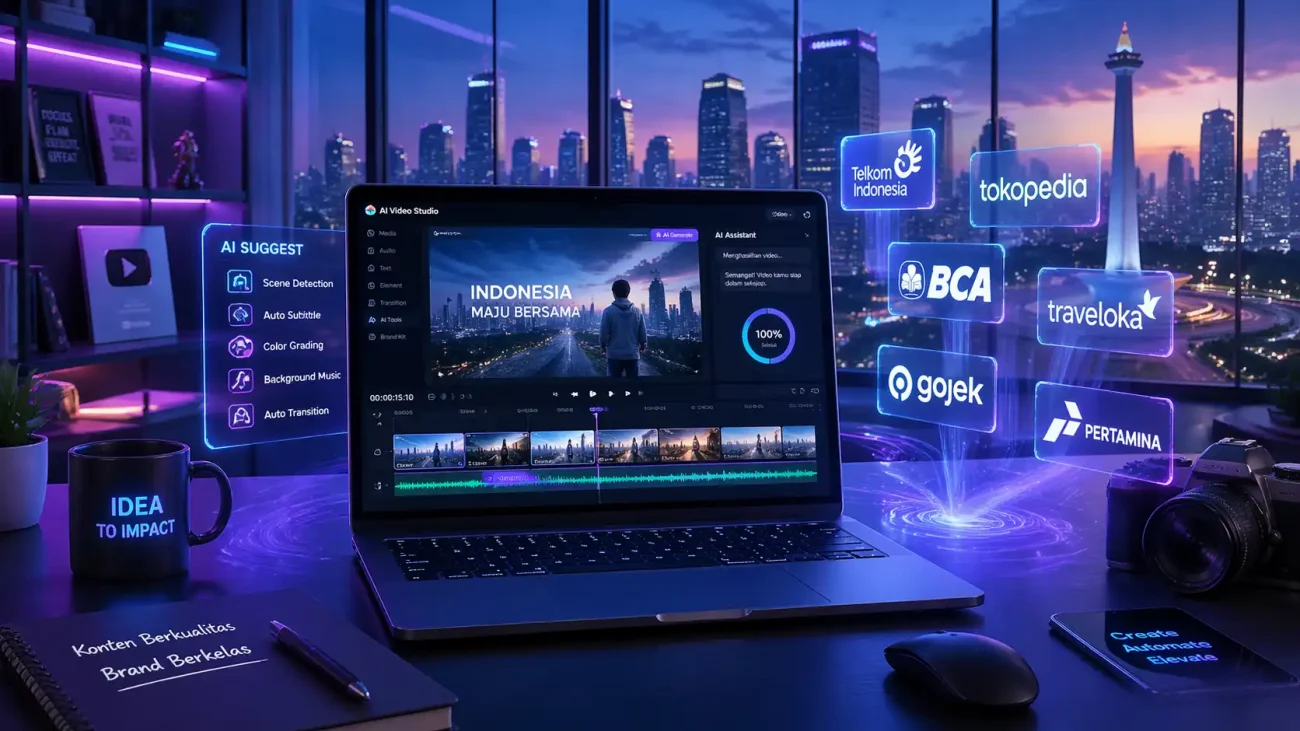 Ilustrasi workspace digital dengan layar AI video editing dan elemen branding modern