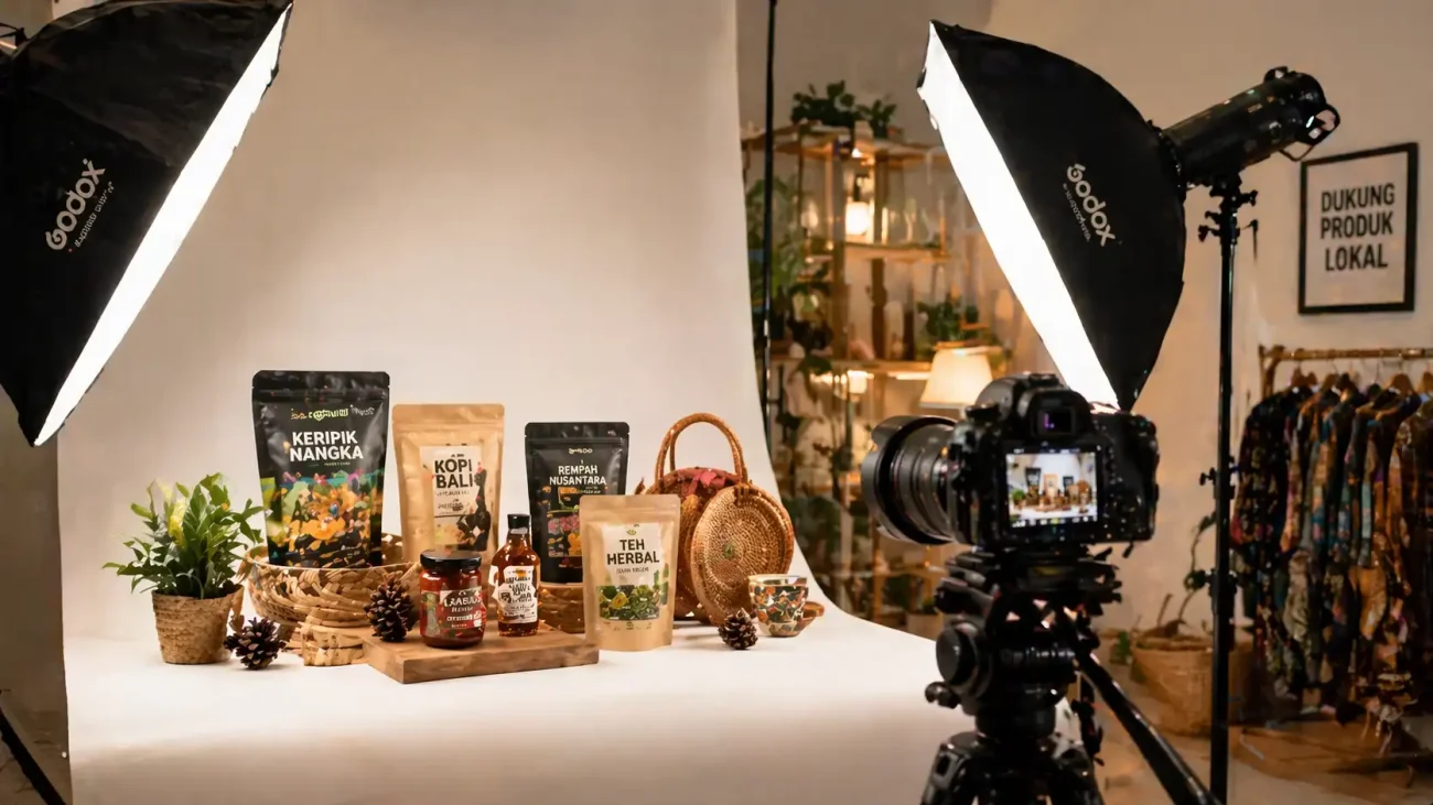 Studio foto produk profesional dengan pencahayaan softbox dan berbagai produk UMKM Indonesia di atas backdrop putih