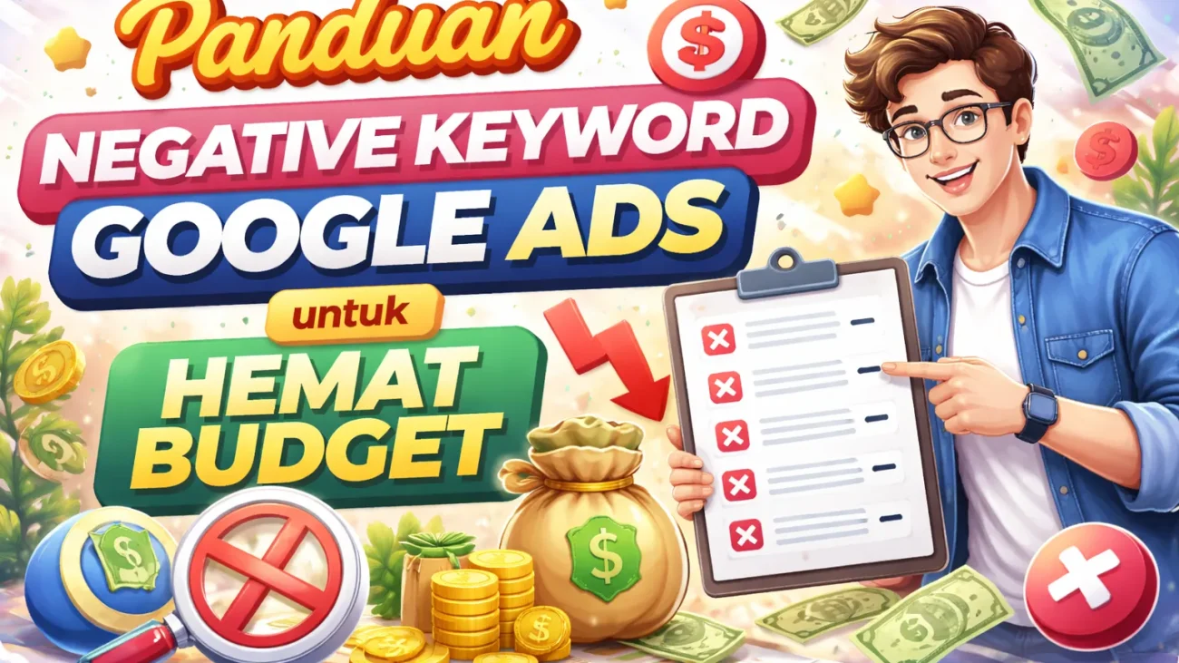 Ilustrasi sederhana Google Ads dashboard menampilkan search terms report dengan filter icon dan negative symbol menandakan keyword yang diblokir
