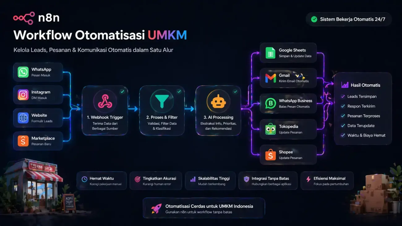 Diagram alur otomatisasi bisnis dengan node-node n8n yang terhubung mewakili integrasi WhatsApp, email, dan platform e-commerce