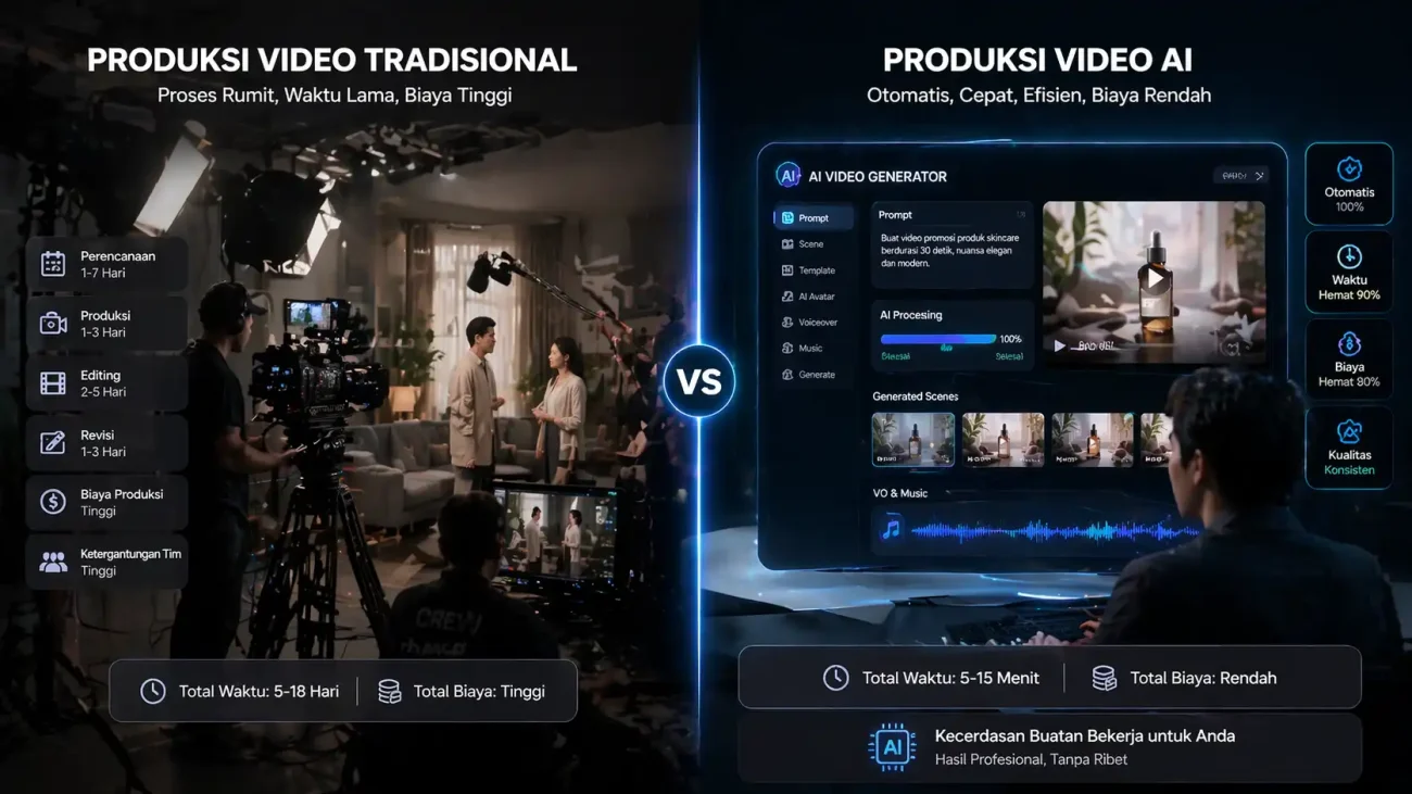 Perbandingan visual antara proses produksi video konvensional dengan kru kamera dan proses pembuatan AI video otomatis