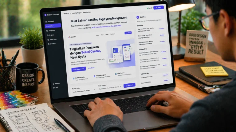 Menggunakan AI untuk membuat salinan landing page yang mengonversi di laptop.