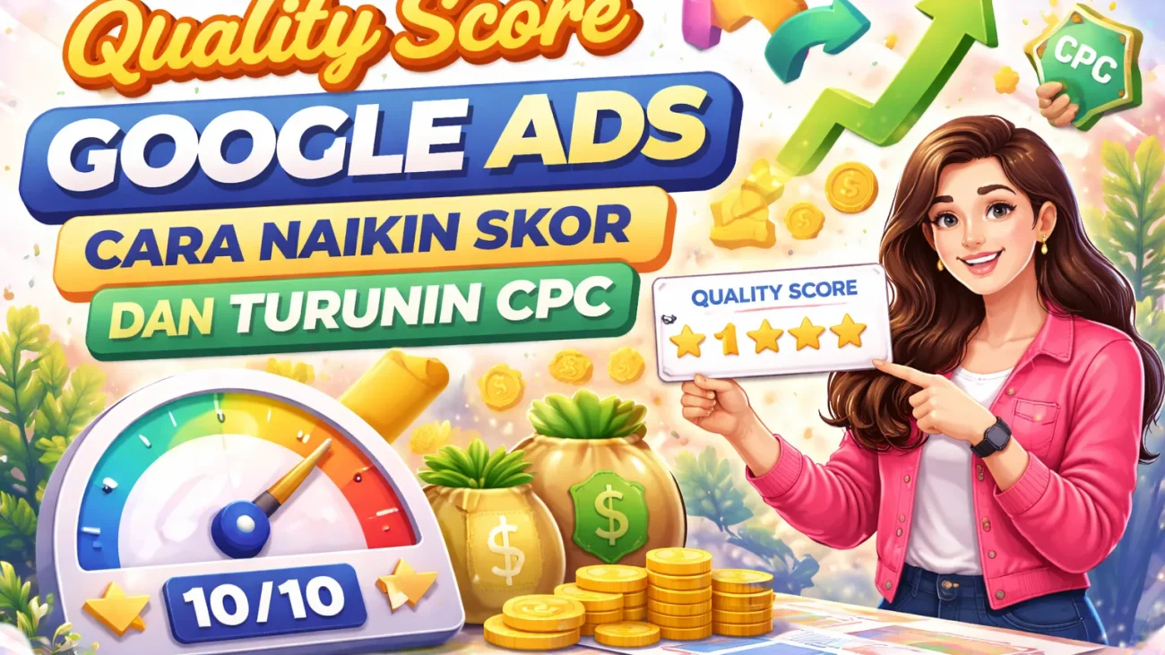 Ilustrasi sederhana Google Ads dashboard menampilkan quality score meter 1-10 dengan tangkapan layar ad rank posisi iklan dan CPC metrics