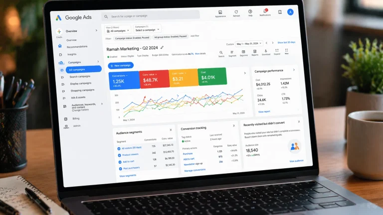 Setup remarketing di Google Ads dengan audiens target dan pelacakan konversi.