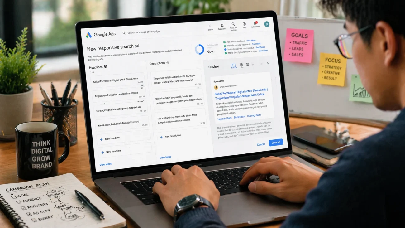 Membuat iklan responsif pencarian di Google Ads dengan saran headline dan deskripsi.