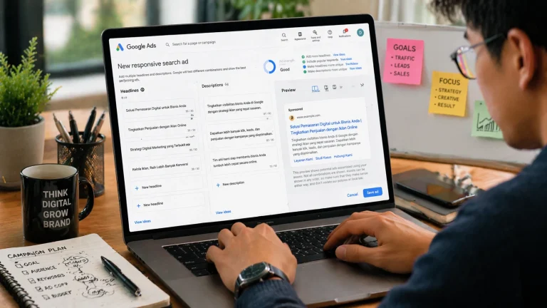Membuat iklan responsif pencarian di Google Ads dengan saran headline dan deskripsi.