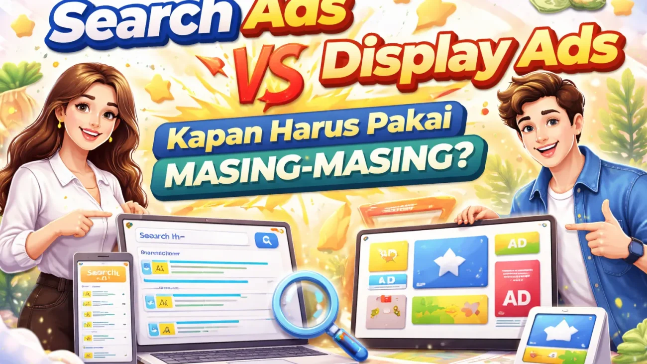 Ilustrasi sederhana perbandingan search ads vs display ads dengan Google search result page di sisi kiri dan display network website di sisi kanan