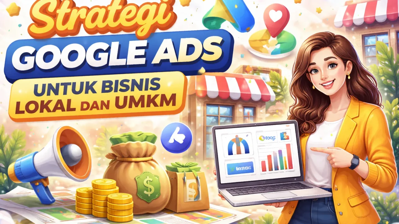 Ilustrasi strategi Google Ads bisnis lokal dengan kampanye Search Maps Performance Max radius targeting ad extensions location sitelink call