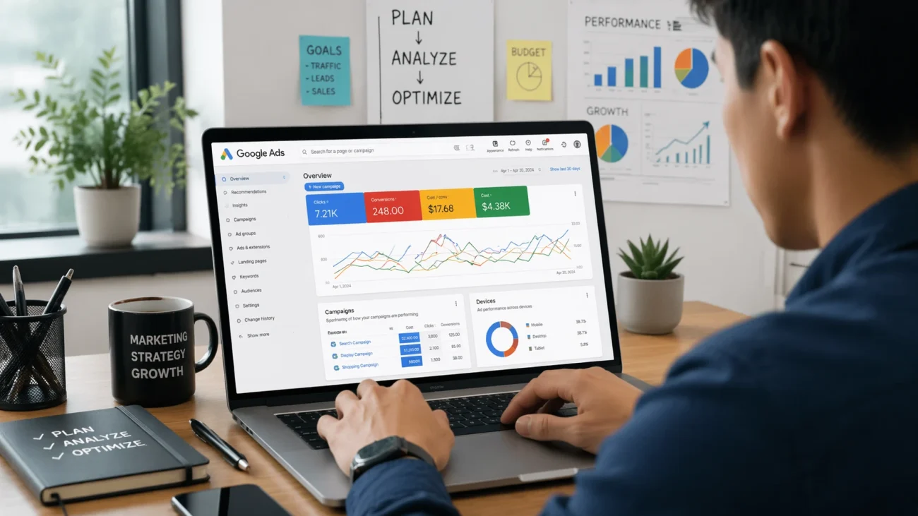 Tutorial Google Ads untuk pemula di laptop dengan metrik dan grafik visual.