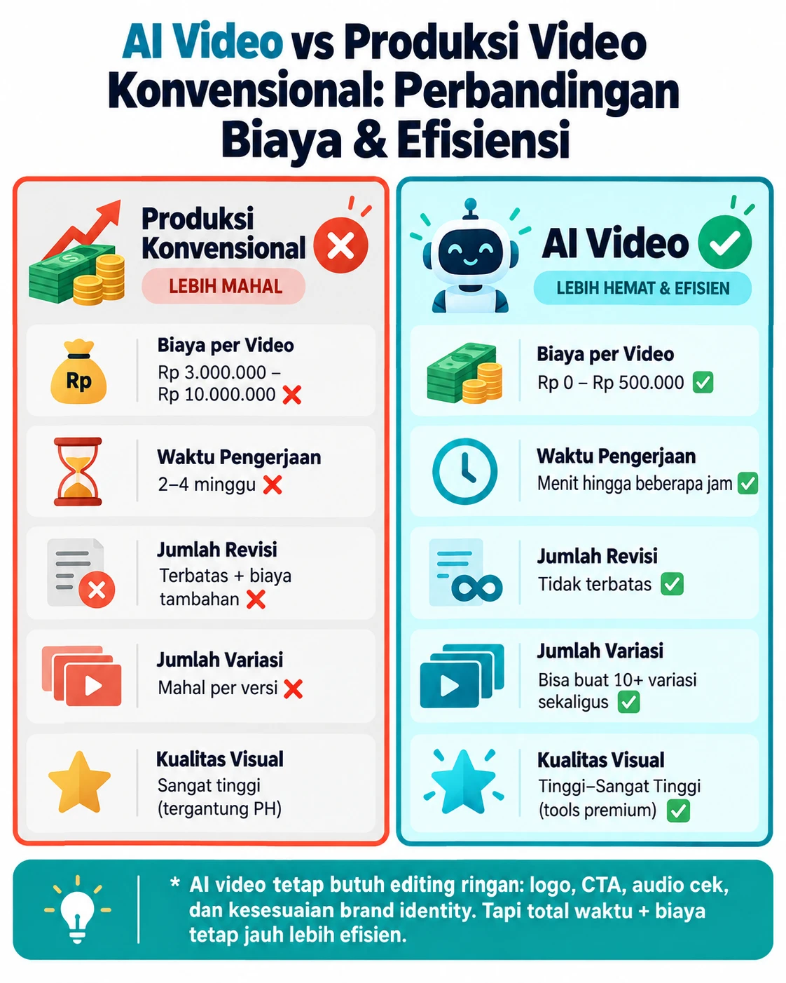 Infografis framework 4 skenario keputusan AI Video vs Video Asli untuk iklan Meta Ads sekolah dan PPDB