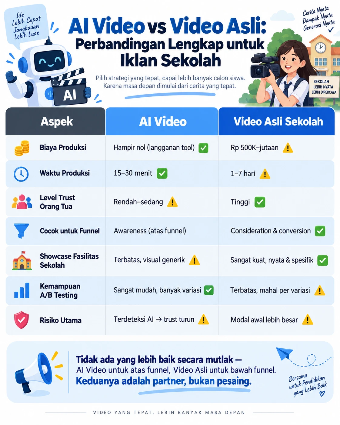 Infografis framework 4 skenario keputusan AI Video vs Video Asli untuk iklan Meta Ads sekolah dan PPDB