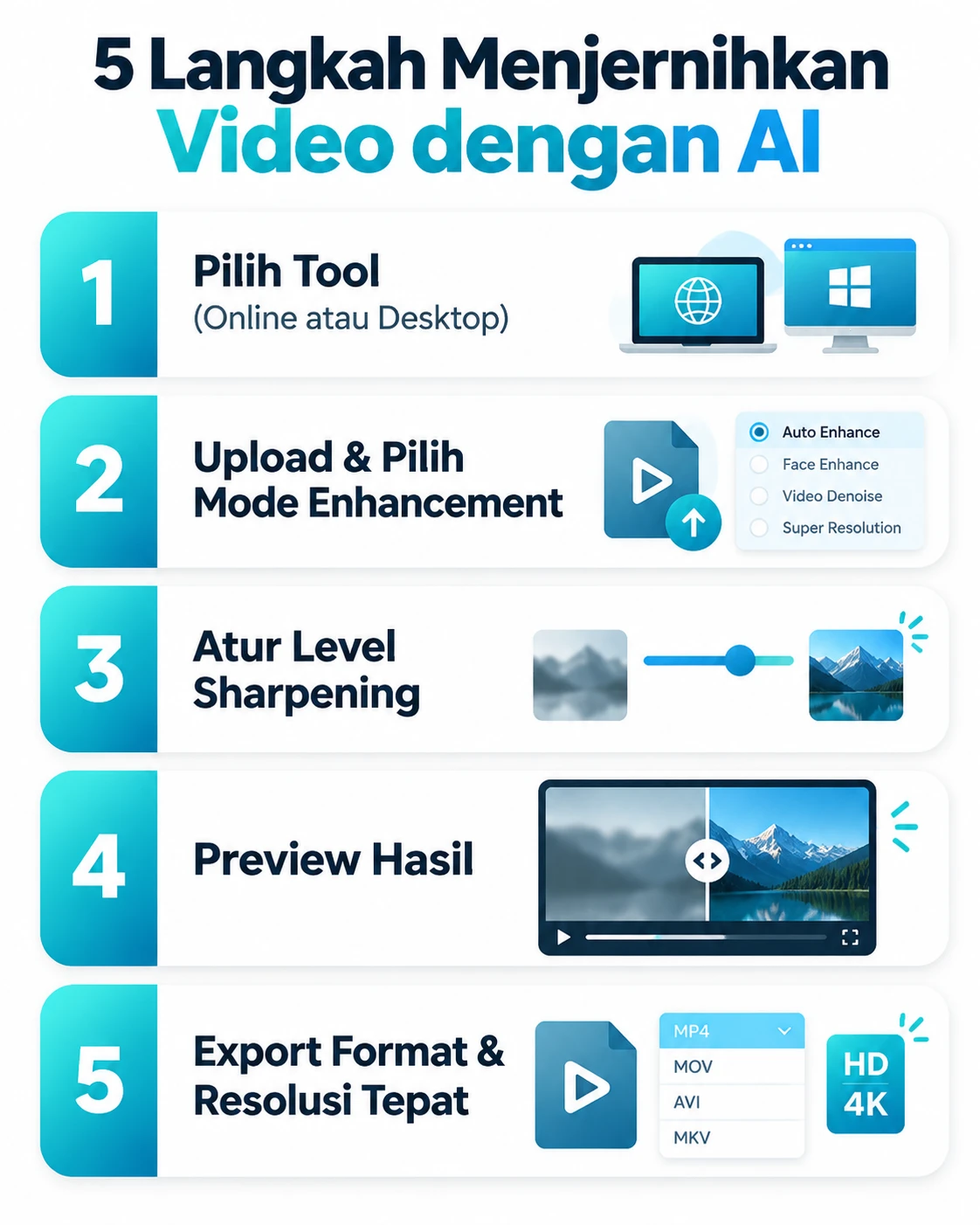 Infografis 5 cara AI menjernihkan video buram jadi HD secara otomatis