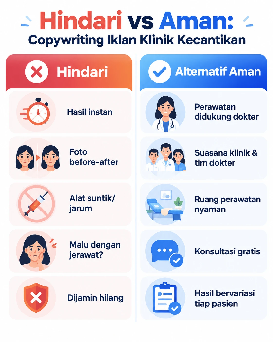 Infografis perbandingan kata yang harus dihindari dan alternatif aman untuk iklan klinik kecantikan di Meta Ads
